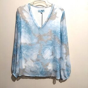 Joan Vass Womens Semi Sheer Lined Blouse Medium Stretch Long Sleeves V Neck NEW